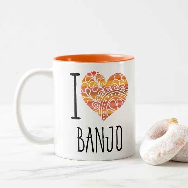 Caneca De Café Em Dois Tons Adoro Banjo Orange Mandala Heart (Com Donut)