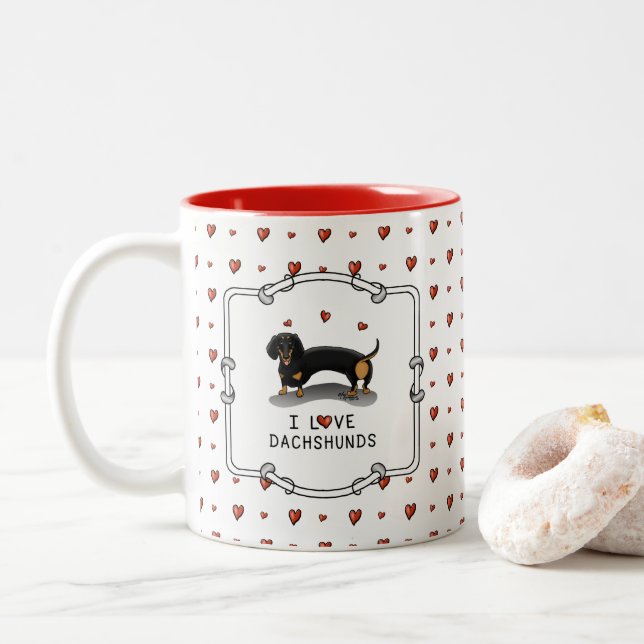 Caneca De Café Em Dois Tons Adoro Dachshances (preto e bronzeado) (Com Donut)