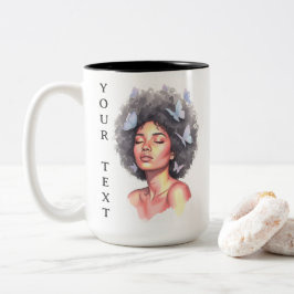 Caneca De Café Em Dois Tons Afro Beauty with Butterflies – Watercolor Portrait