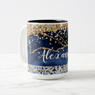 Caneca De Café Em Dois Tons Agate Dourado Azul com Acentos Dourados e Diamante