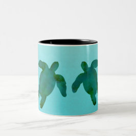 Caneca De Café Em Dois Tons Água Verde Azul Aquarela Oceano Tartarugas Marinha
