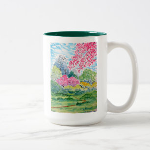 Caneca De Café Em Dois Tons Aguarela das madeiras da primavera