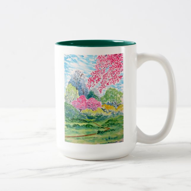 Caneca De Café Em Dois Tons Aguarela das madeiras da primavera (Direita)