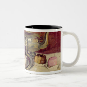 Caneca De Café Em Dois Tons Ainda vida com bolos e um bule da prata (óleo
