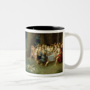 Caneca De Café Em Dois Tons Ainda vida dos escudos com o banquete dos deuses