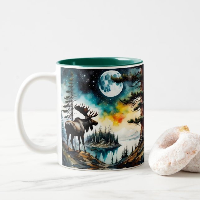 Caneca De Café Em Dois Tons Alaskan Moose em Pé de Montanha (Com Donut)