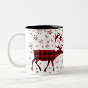 Caneca De Café Em Dois Tons Alce de Natal, veado, alce, rena, xadrezes vermelh