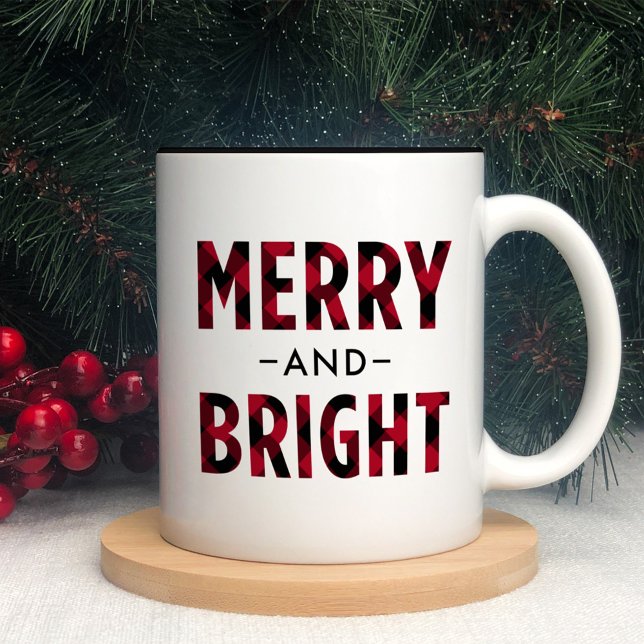 Caneca De Café Em Dois Tons Alegre e Brilhante Moderno Xadrez Búfalo Vermelho (Criador carregado)