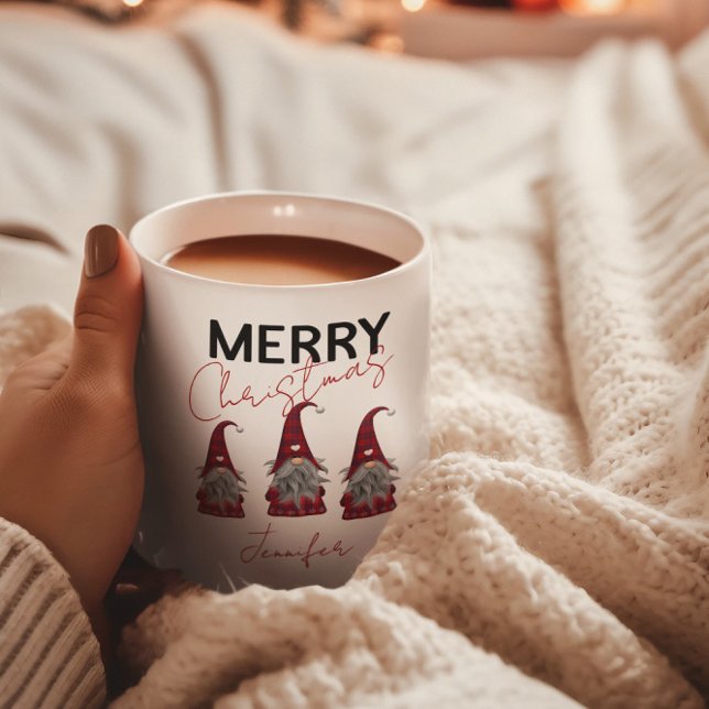 Caneca De Café Em Dois Tons Alegres Gnomos de Natal Xadrez Fofo com o Seu Nome (Criador carregado)
