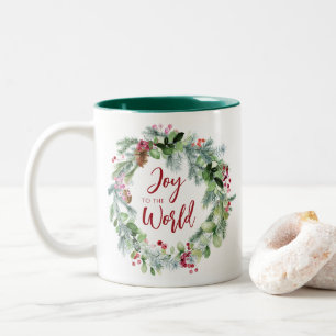 Caneca De Café Em Dois Tons Alegria ao Natal da Wreath World Watercolor