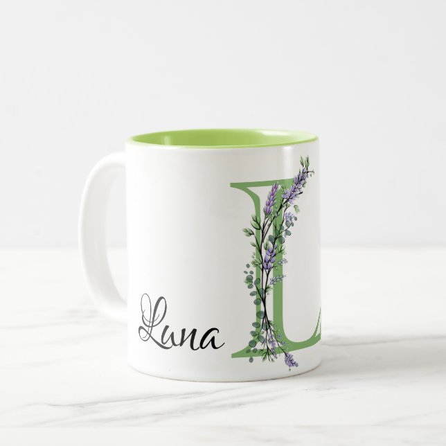 Caneca De Café Em Dois Tons Alfa L, botânica da Lavanda de aquarela (Frente Esquerda)