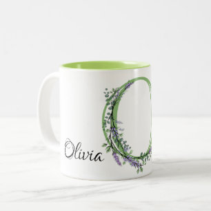 Caneca De Café Em Dois Tons Alfa - letra O, botânica da Lavanda de aquarelas