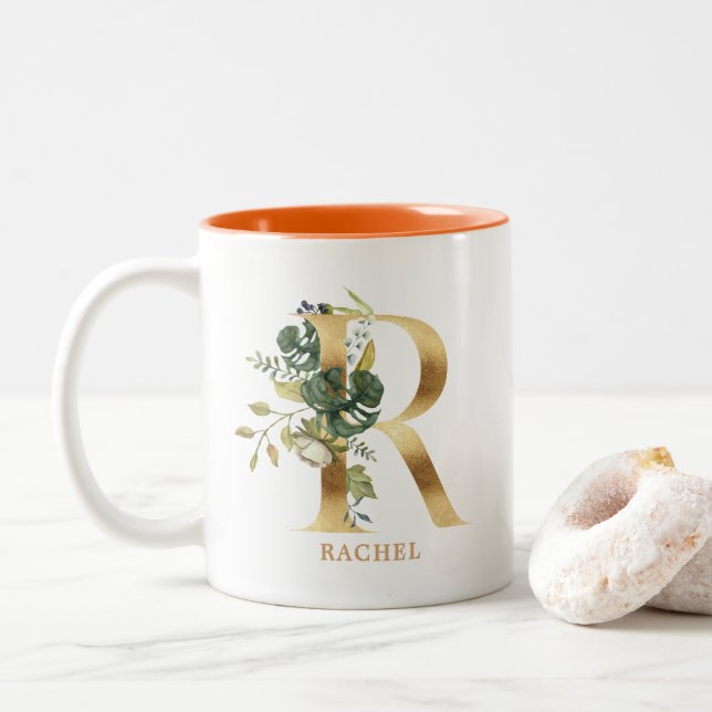 Caneca De Café Em Dois Tons Alfabeto Dourado R Monograma | Folhagem Folha (Com Donut)