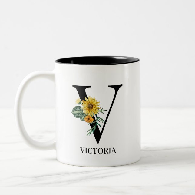 Caneca De Café Em Dois Tons Alfabeto Floral Personalizado V Monograma (Esquerda)