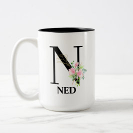 Caneca De Café Em Dois Tons Alfabeto florido bonito N monogramado