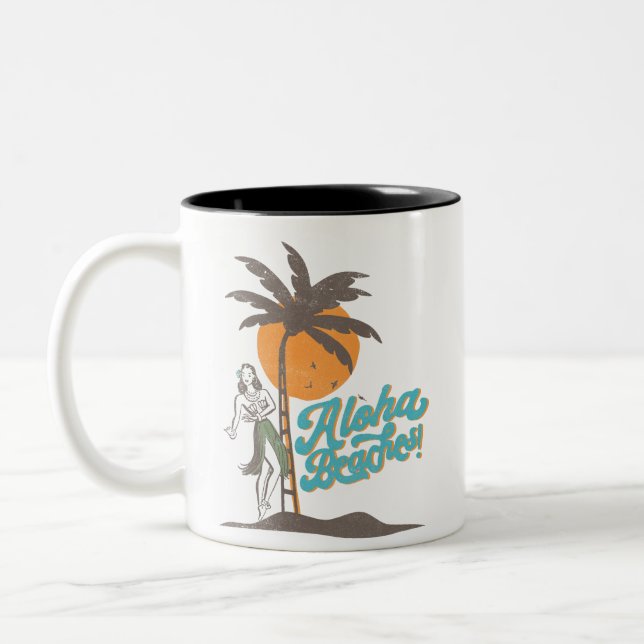 Caneca De Café Em Dois Tons Aloha Beaches Hula Girl Hawaii Retro (Esquerda)