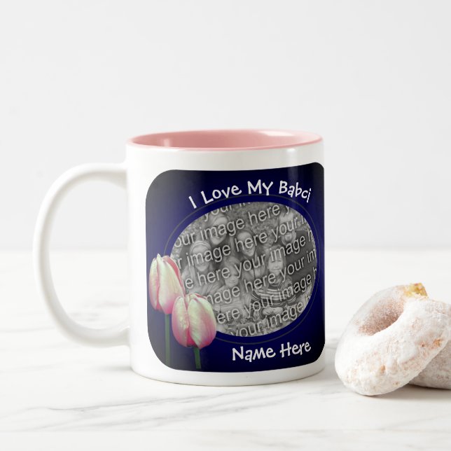 Caneca De Café Em Dois Tons Ama Minha Babci Tulipas Rosa Tulipas Polonesa Avó (Com Donut)