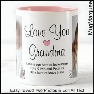 Caneca De Café Em Dois Tons Ama Você Avó Texto de Aniversário & Fotos, Branco