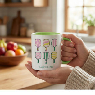 Caneca De Café Em Dois Tons Amante de Pickleball Rosa Verde Personalizado Retr