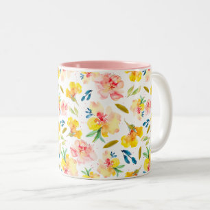 Caneca De Café Em Dois Tons Amarelo e Cor de Água Rosa Quentes Floral