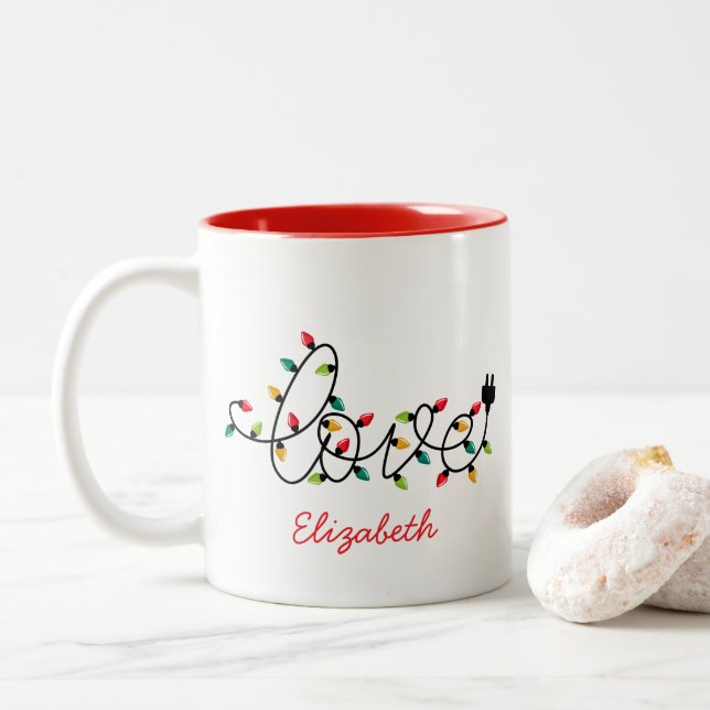 Caneca De Café Em Dois Tons Amo Luzes de Natal (Com Donut)