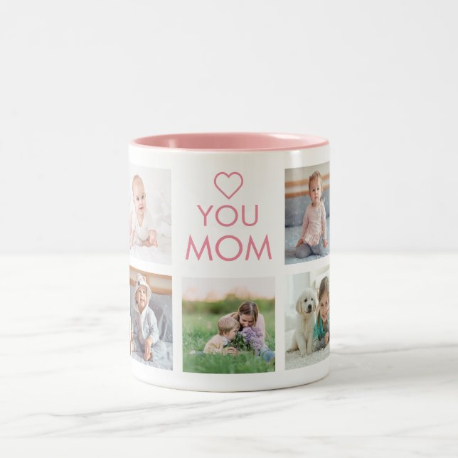 Caneca De Café Em Dois Tons Amo-Te, Mãe, Colagem Fotográfica Da Família Rosa (Centro)
