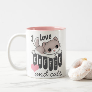 Caneca De Café Em Dois Tons Amor Café e Gatos