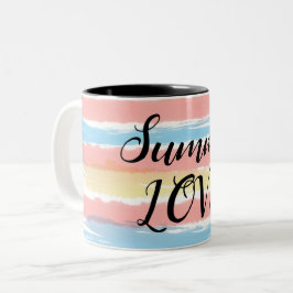 Caneca De Café Em Dois Tons Amor de Verão Rosa Azul Amarelo Listras Aquarela