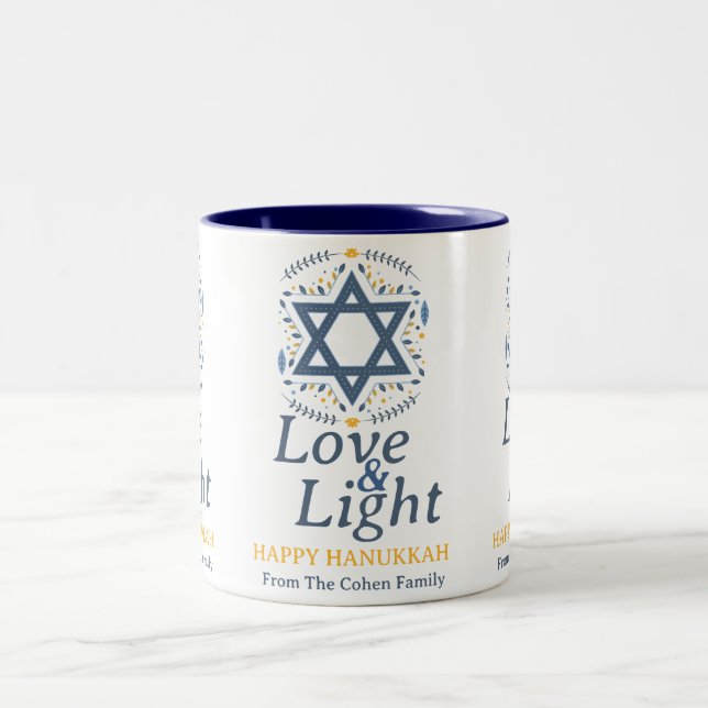 Caneca De Café Em Dois Tons Amor e Luz | Família simples de Hanukkah (Centro)