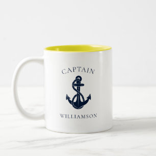 Caneca De Café Em Dois Tons Âncora de Barco Capitão Náutico Personalizada