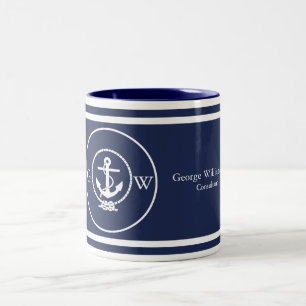 Caneca De Café Em Dois Tons Âncora e linha azuis, Marinho, monogramas
