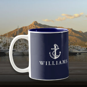 Caneca De Café Em Dois Tons Âncora Náutica de Barco Azul Marinho com Nome Pers