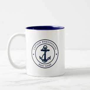 Caneca De Café Em Dois Tons Âncora Náutica Personalizada Barco e Nome do Capit