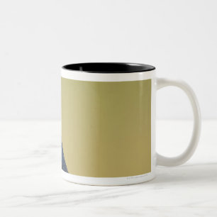 Caneca De Café Em Dois Tons Andorinha em uma borda de madeira