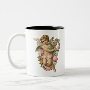 Caneca De Café Em Dois Tons Angélica Vintage Cherub com margaridas e rosas ros