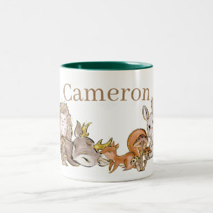 Caneca De Café Em Dois Tons Animais Bebês da Floresta Fofos Nome Personalizado