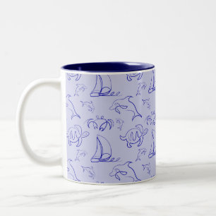 Caneca De Café Em Dois Tons Animais marinhos e padrão de desenho de uma linha