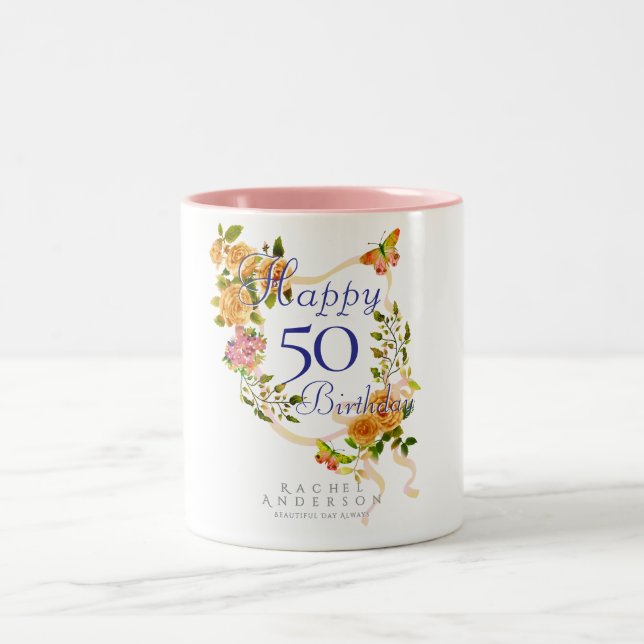 Caneca De Café Em Dois Tons Aniversário da Faixa de Rosa de Dourado (Centro)