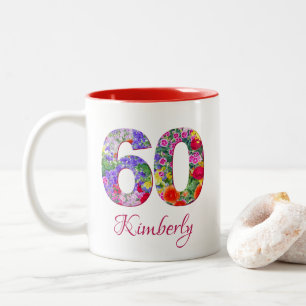 Caneca De Café Em Dois Tons aniversário de 60 anos flores elegantes florais ca