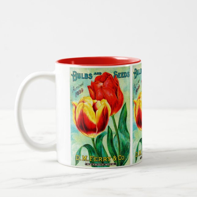 Caneca De Café Em Dois Tons Anúncio Antiquado de Jardim, Tulipas Amarelas Verm (Esquerda)