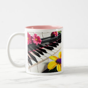 Caneca De Café Em Dois Tons Apenas Jogue   Piano e Flores Coloridas