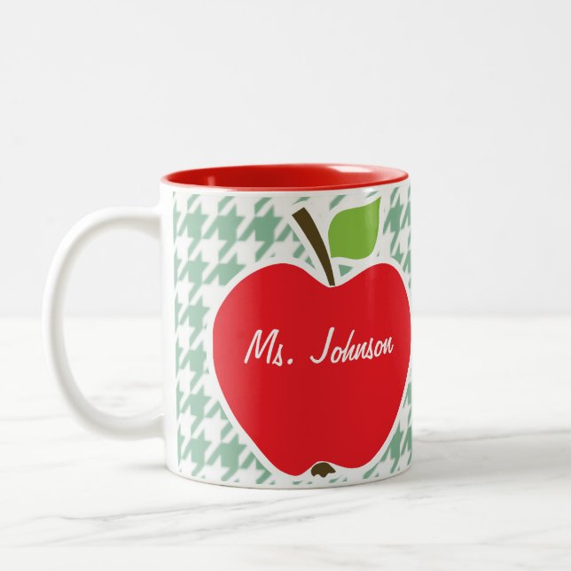 Caneca De Café Em Dois Tons Apple bonito no verde de mar Houndstooth (Esquerda)