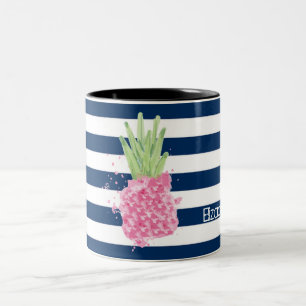 Caneca De Café Em Dois Tons Aquarela Abacaxi Tropical ,Listrado Azul Marinho