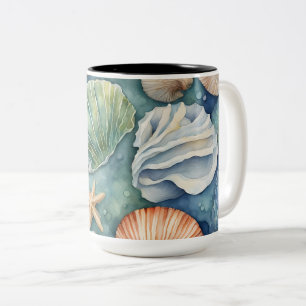 Caneca De Café Em Dois Tons Aquarela Brisa Oceânica: Concha e Estrela-do-Mar