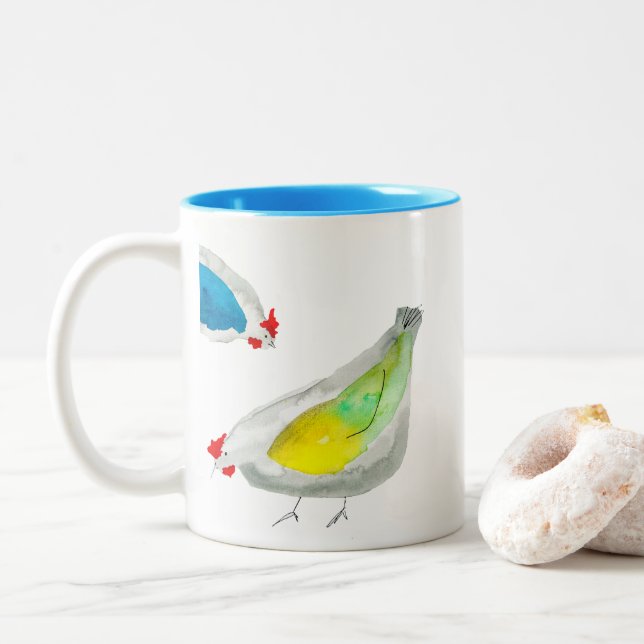 Caneca De Café Em Dois Tons Aquarela de frangos fofos (Com Donut)