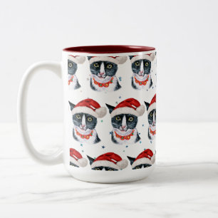Caneca De Café Em Dois Tons Aquarela de Gato Preto e Branco Engraçado de Natal