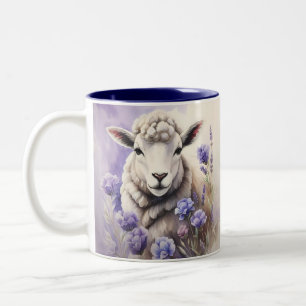 Caneca De Café Em Dois Tons Aquarela de Ovelha Lanosa e Flores de Lavanda