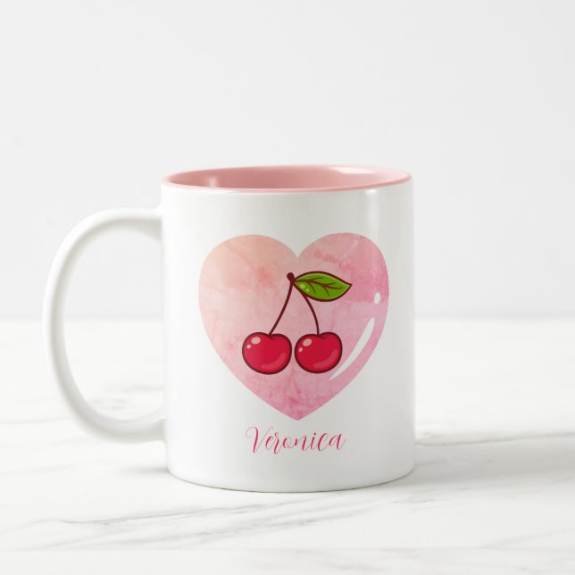 Caneca De Café Em Dois Tons Aquarela Elegante de Cereja Rosa-Rosa-Coleta Aesté (Esquerda)