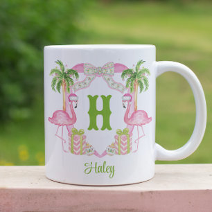 Caneca De Café Em Dois Tons Aquarela Rosa Flamingo Monograma Cor de Água Crest