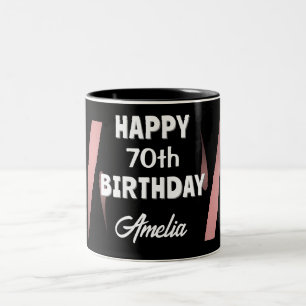Caneca De Café Em Dois Tons Aquarela Rosa Preto Elegante 70º Aniversário Feliz